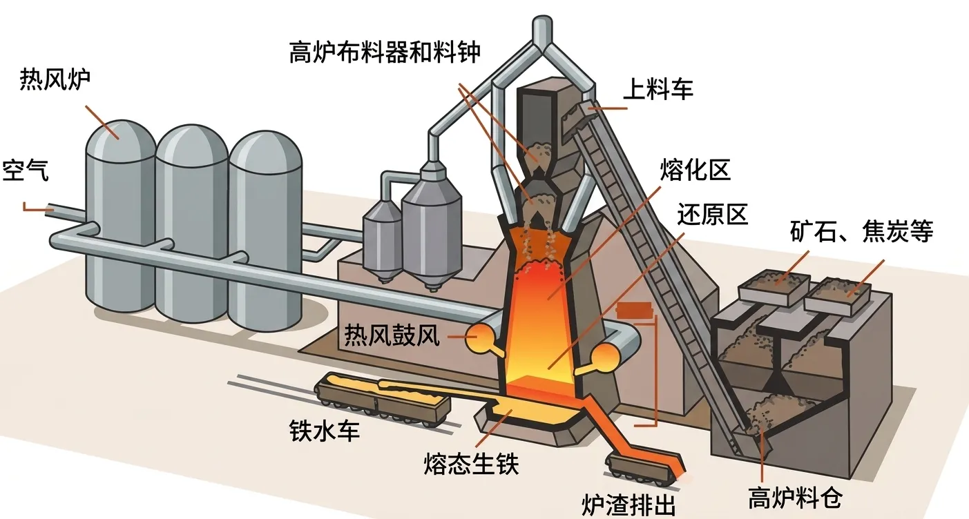 高炉炼铁原理结构示意图，标注热风炉、料仓、高炉各功能区域，展示炼铁完整工艺流程