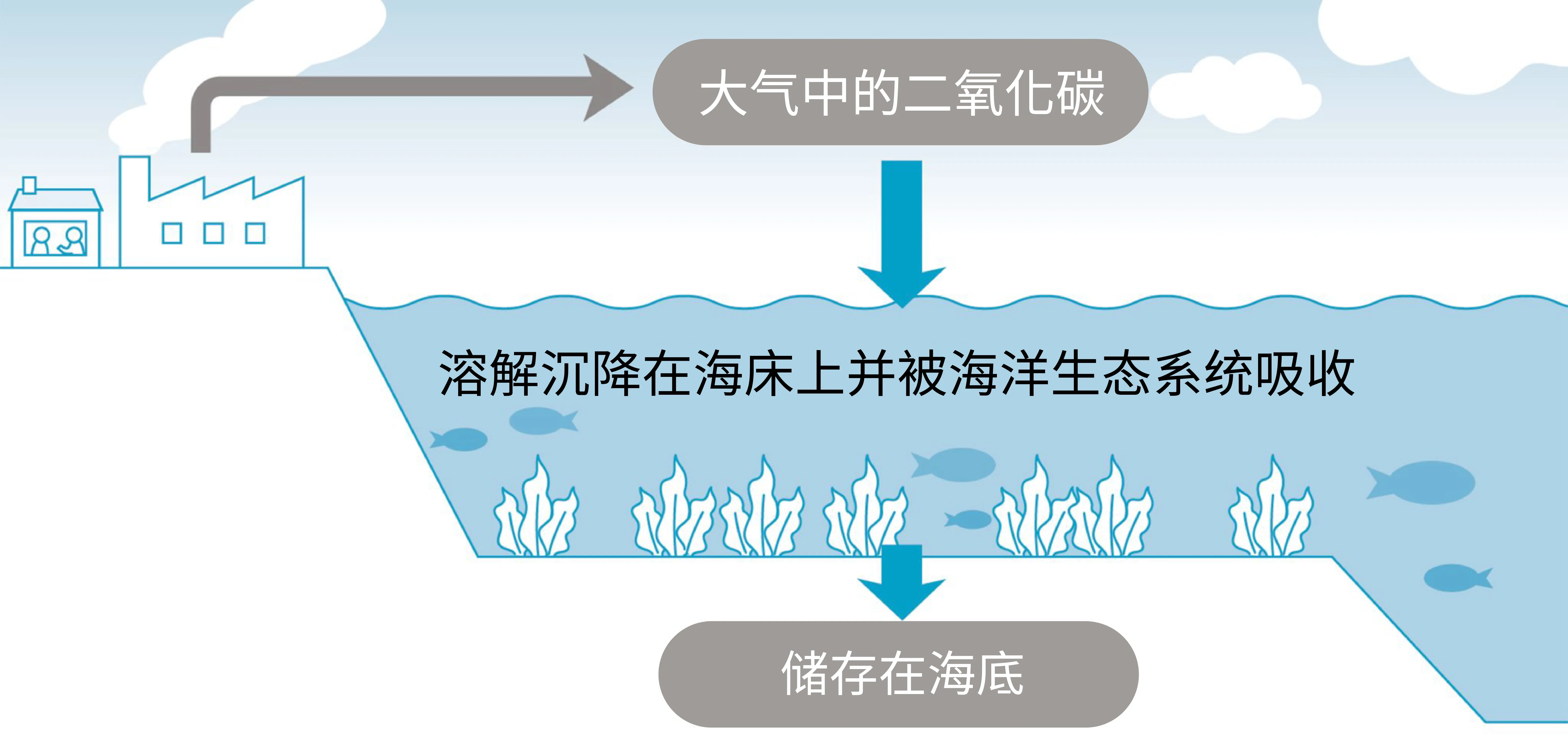 二氧化碳海洋封存示意图，展示大气二氧化碳被海洋吸收储存的过程。