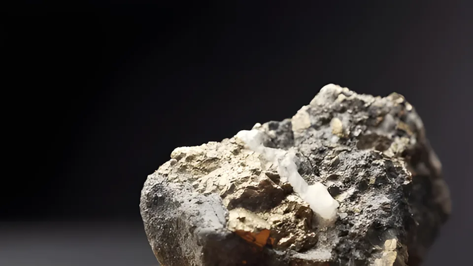 含白色晶体与金属矿物的岩石标本特写