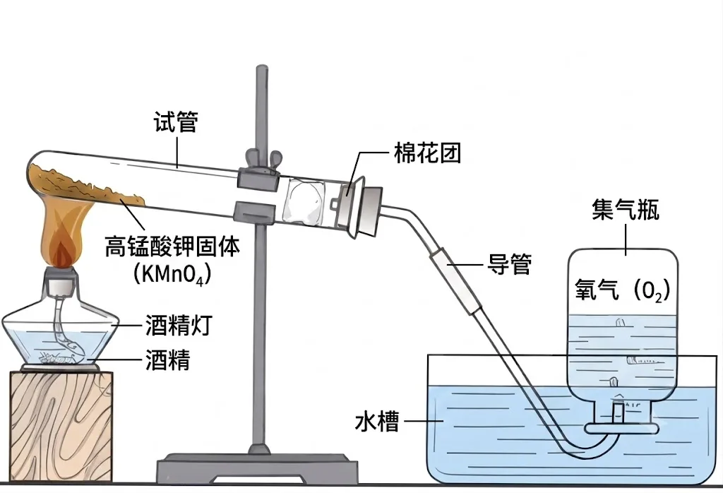 化学实验装置示意图，展示了通过加热高锰酸钾固体来制取氧气，并使用排水法收集气体的过程。